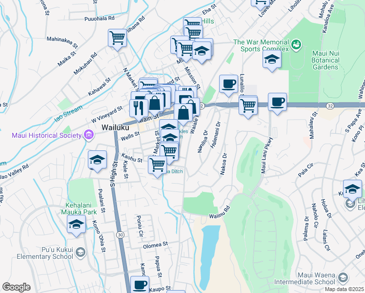map of restaurants, bars, coffee shops, grocery stores, and more near 222 Kanoa Street in Wailuku