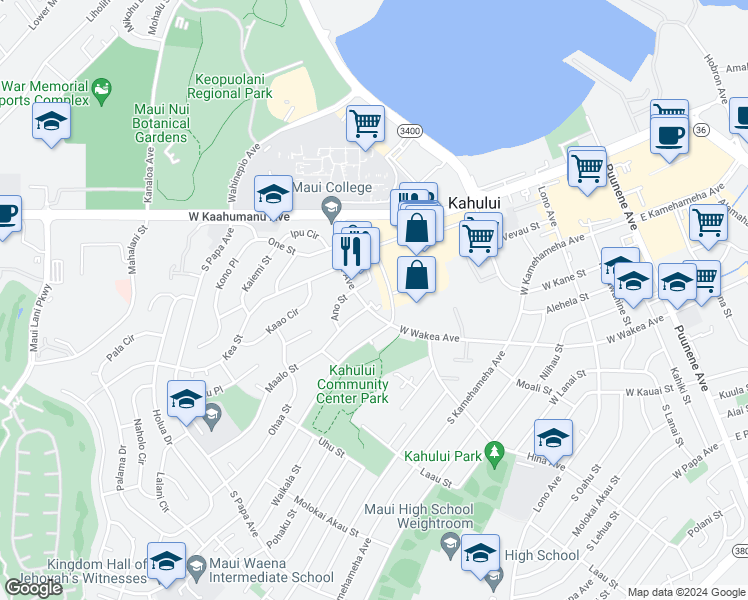 map of restaurants, bars, coffee shops, grocery stores, and more near 135 South Wakea Avenue in Kahului