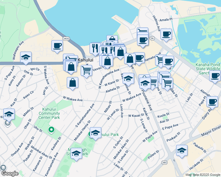 map of restaurants, bars, coffee shops, grocery stores, and more near 146 Alehela Street in Kahului