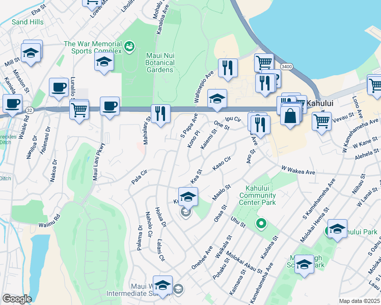 map of restaurants, bars, coffee shops, grocery stores, and more near 129 Kono Place in Kahului