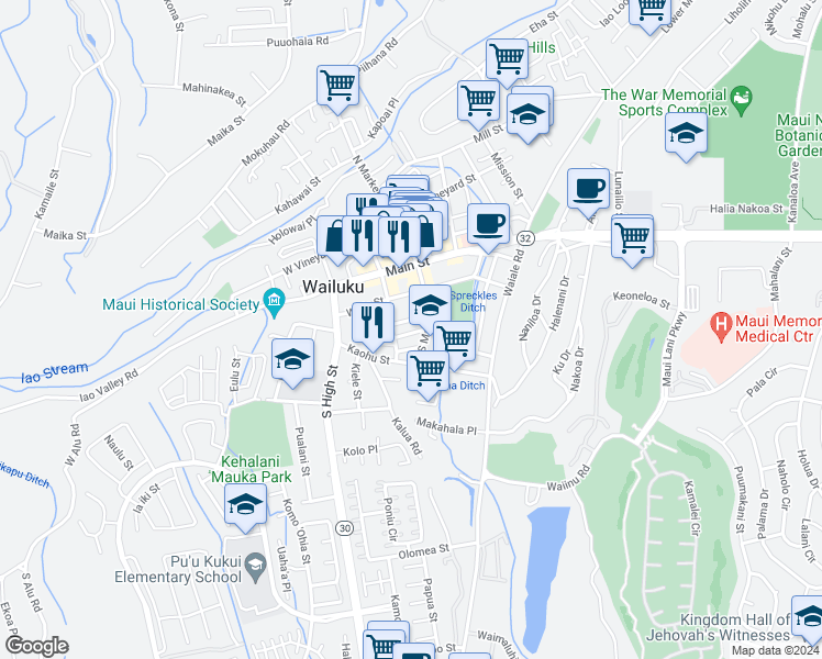 map of restaurants, bars, coffee shops, grocery stores, and more near 2044 Palua Street in Wailuku
