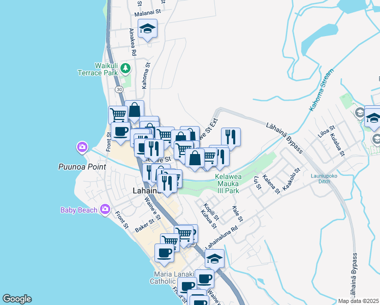 map of restaurants, bars, coffee shops, grocery stores, and more near 11 Ulupono Street in Lahaina