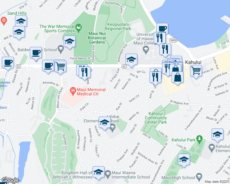 map of restaurants, bars, coffee shops, grocery stores, and more near 129 Kono Place in Kahului