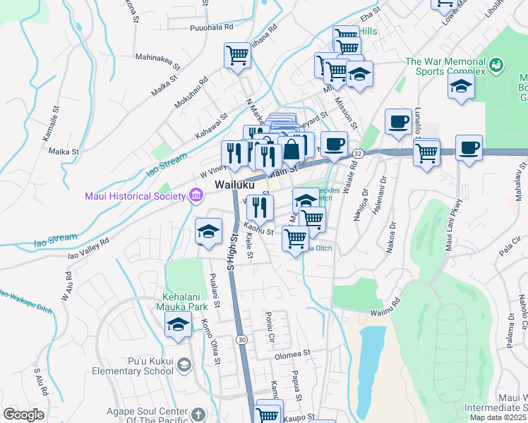 map of restaurants, bars, coffee shops, grocery stores, and more near 2124 Uluwehi Street in Wailuku