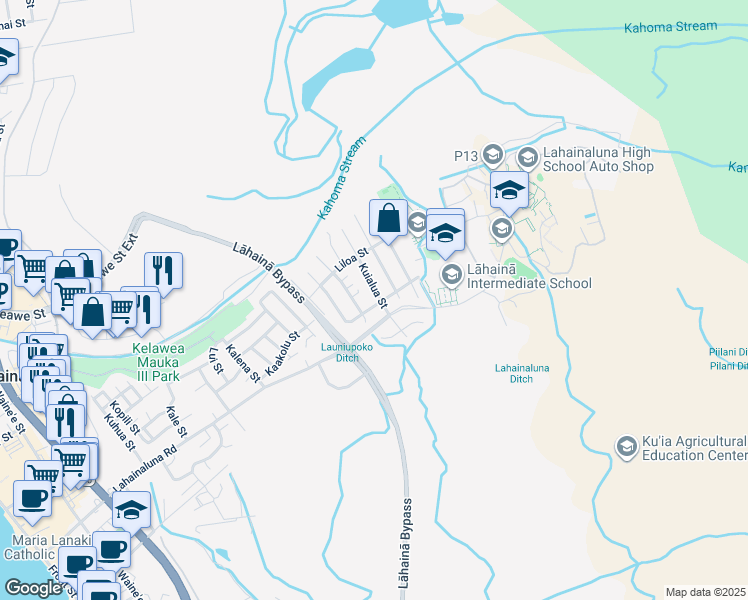 map of restaurants, bars, coffee shops, grocery stores, and more near 823 Kuialua Street in Lahaina