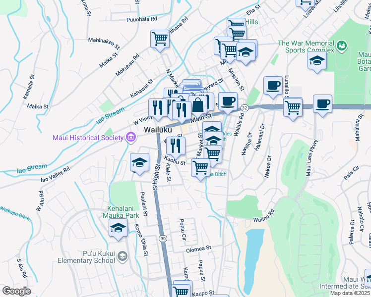 map of restaurants, bars, coffee shops, grocery stores, and more near 2097 Pakahi Street in Wailuku