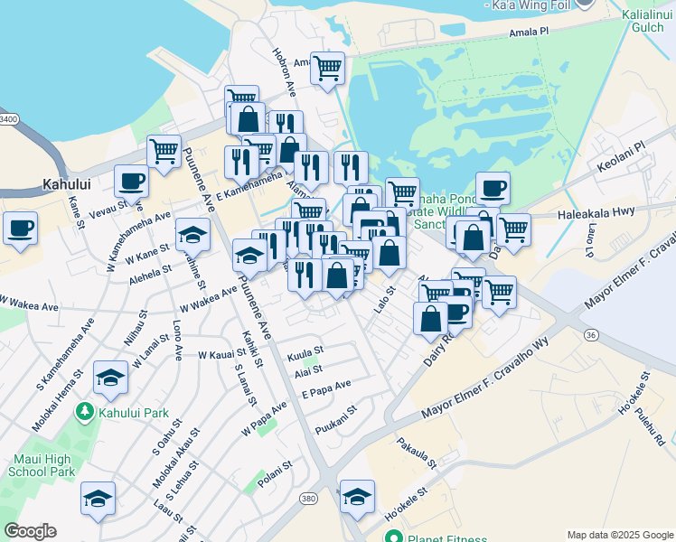 map of restaurants, bars, coffee shops, grocery stores, and more near 305 Hukilike Street in Kahului
