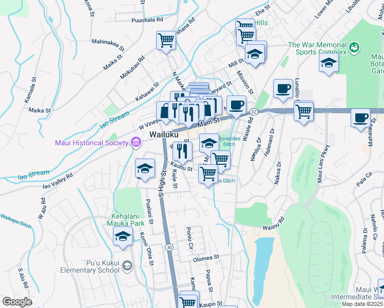 map of restaurants, bars, coffee shops, grocery stores, and more near 2097 Pakahi Street in Wailuku