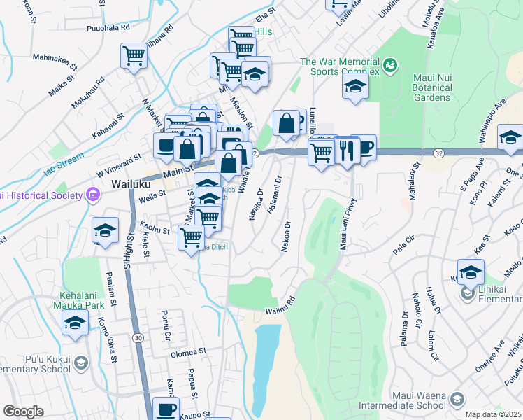 map of restaurants, bars, coffee shops, grocery stores, and more near 231 Leinani Drive in Wailuku