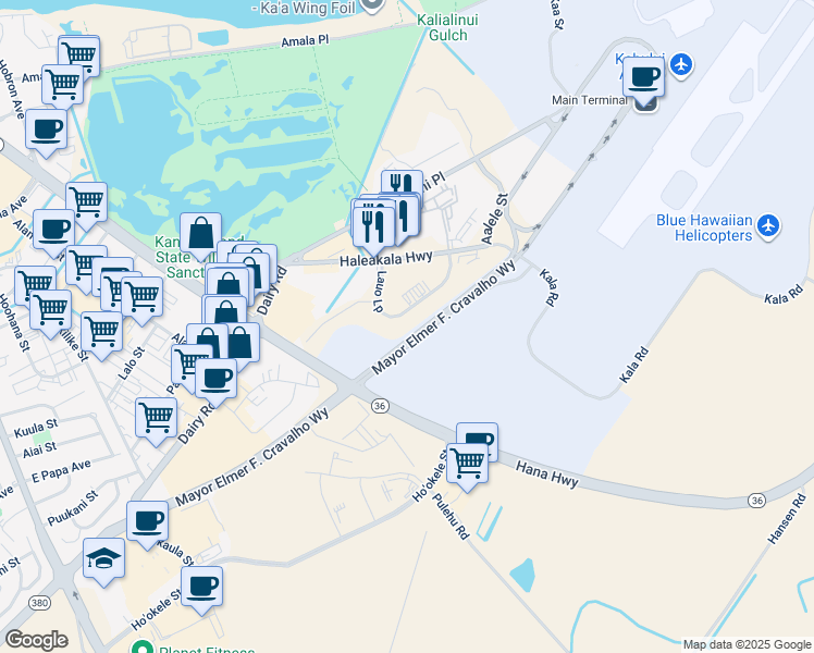 map of restaurants, bars, coffee shops, grocery stores, and more near 158 Lauo Loop in Kahului