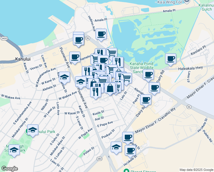 map of restaurants, bars, coffee shops, grocery stores, and more near 305 Hukilike Street in Kahului