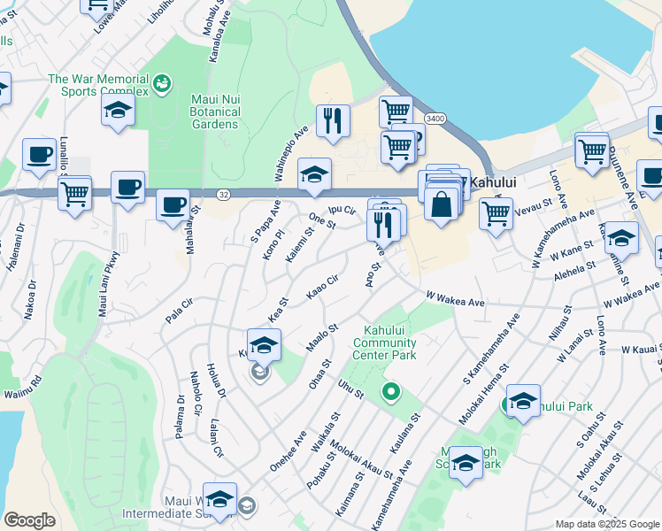 map of restaurants, bars, coffee shops, grocery stores, and more near 447 Kea Street in Kahului