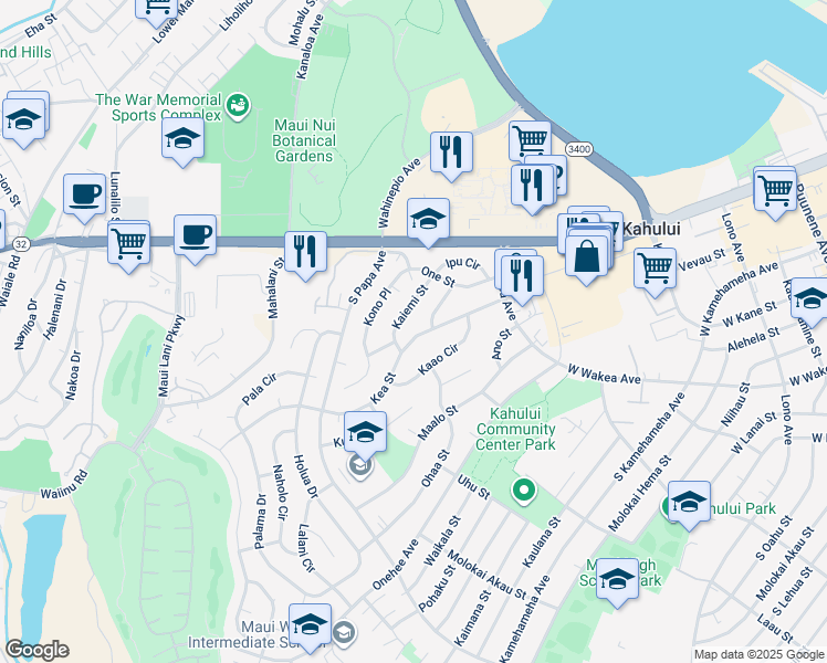map of restaurants, bars, coffee shops, grocery stores, and more near 492 Kea Street in Kahului