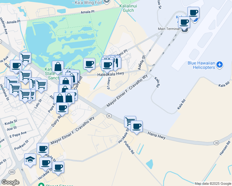 map of restaurants, bars, coffee shops, grocery stores, and more near 158 Lauo Loop in Kahului
