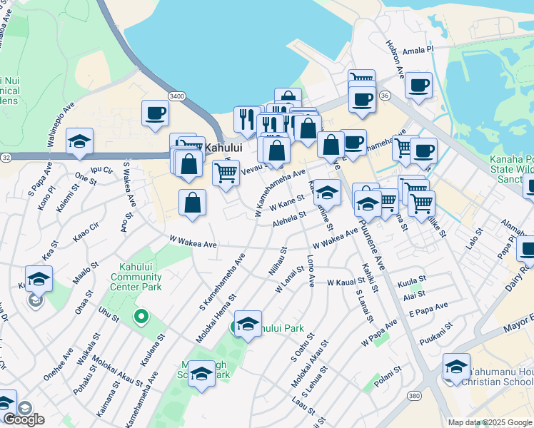 map of restaurants, bars, coffee shops, grocery stores, and more near 175 West Kane Street in Kahului