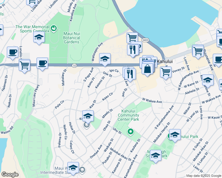map of restaurants, bars, coffee shops, grocery stores, and more near 447 Kea Street in Kahului