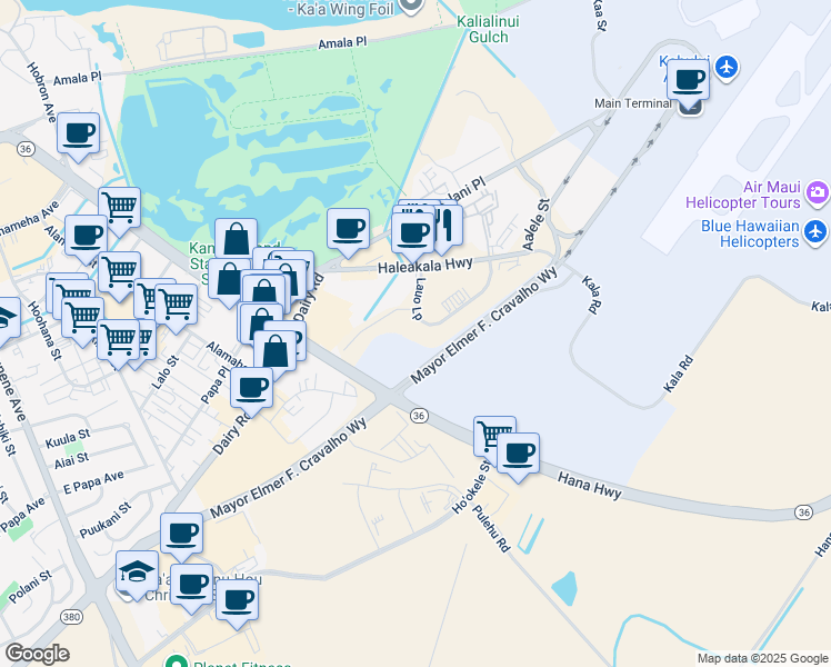 map of restaurants, bars, coffee shops, grocery stores, and more near 118 Lauo Loop in Kahului