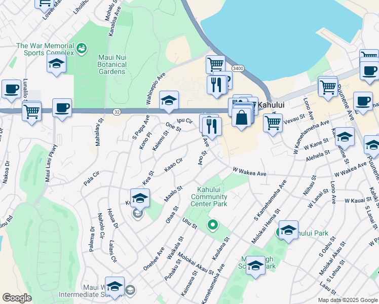 map of restaurants, bars, coffee shops, grocery stores, and more near 417 Kaao Circle in Kahului