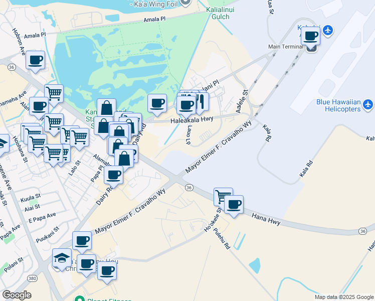 map of restaurants, bars, coffee shops, grocery stores, and more near 118 Lauo Loop in Kahului