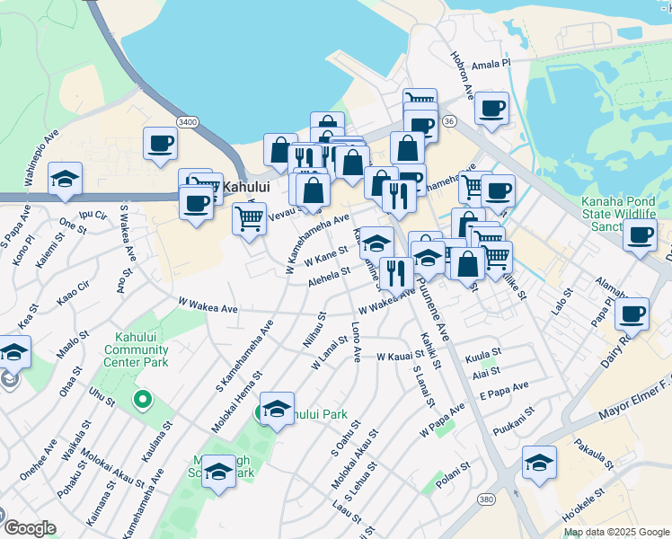 map of restaurants, bars, coffee shops, grocery stores, and more near 180 Lono Avenue in Kahului