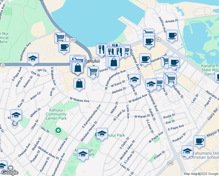map of restaurants, bars, coffee shops, grocery stores, and more near 175 West Kane Street in Kahului
