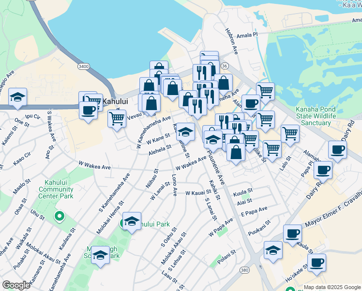map of restaurants, bars, coffee shops, grocery stores, and more near 190 Kaulawahine Street in Kahului