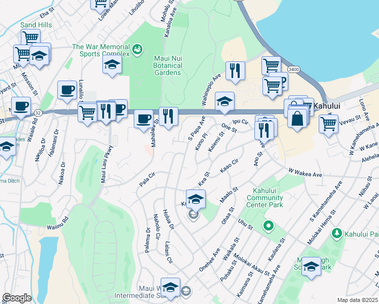 map of restaurants, bars, coffee shops, grocery stores, and more near 125 South Papa Avenue in Kahului