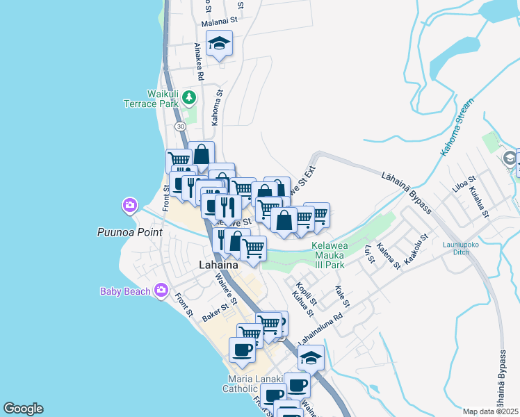 map of restaurants, bars, coffee shops, grocery stores, and more near 180 Ipukula Way in Lahaina