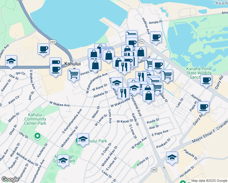 map of restaurants, bars, coffee shops, grocery stores, and more near 190 Kaulawahine Street in Kahului