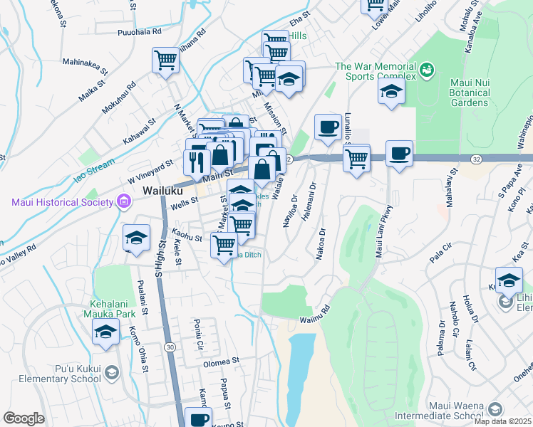 map of restaurants, bars, coffee shops, grocery stores, and more near 203 Waiale Road in Wailuku