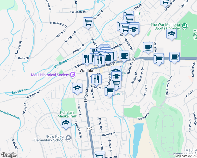 map of restaurants, bars, coffee shops, grocery stores, and more near 161 Konahau Lane in Wailuku