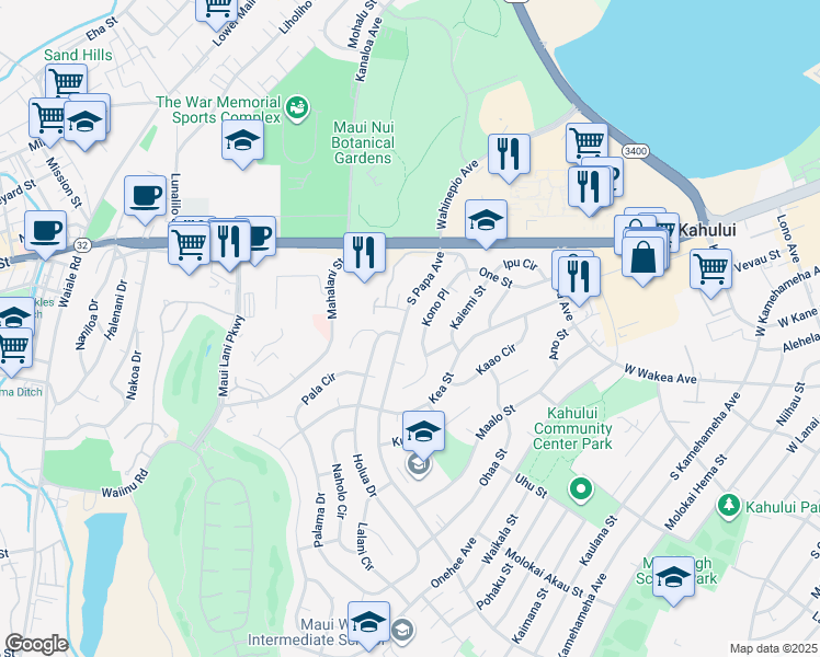 map of restaurants, bars, coffee shops, grocery stores, and more near 125 South Papa Avenue in Kahului