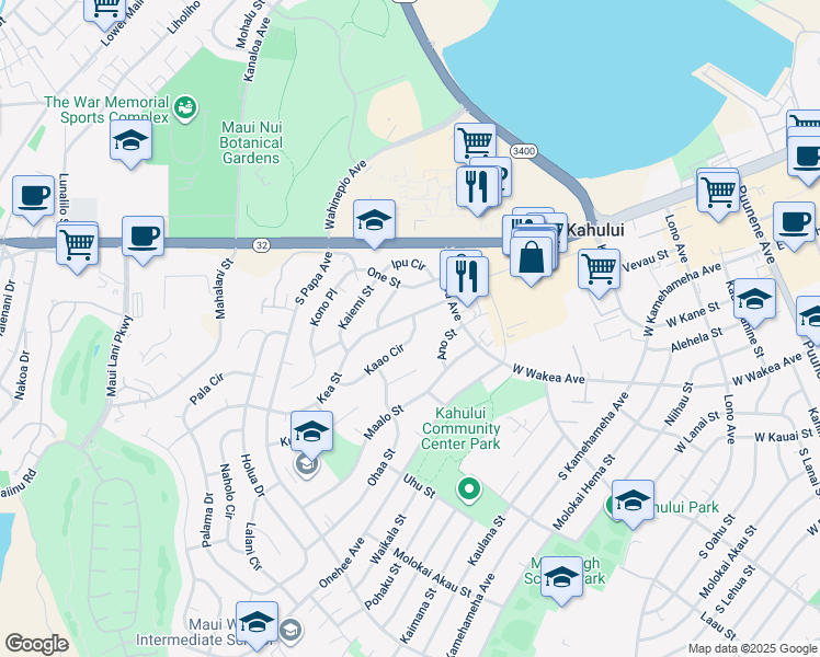map of restaurants, bars, coffee shops, grocery stores, and more near 406 Kaao Circle in Kahului