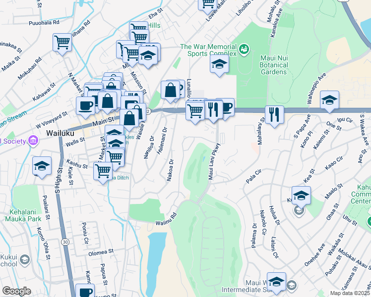 map of restaurants, bars, coffee shops, grocery stores, and more near 42 Kamakoa Loop in Wailuku