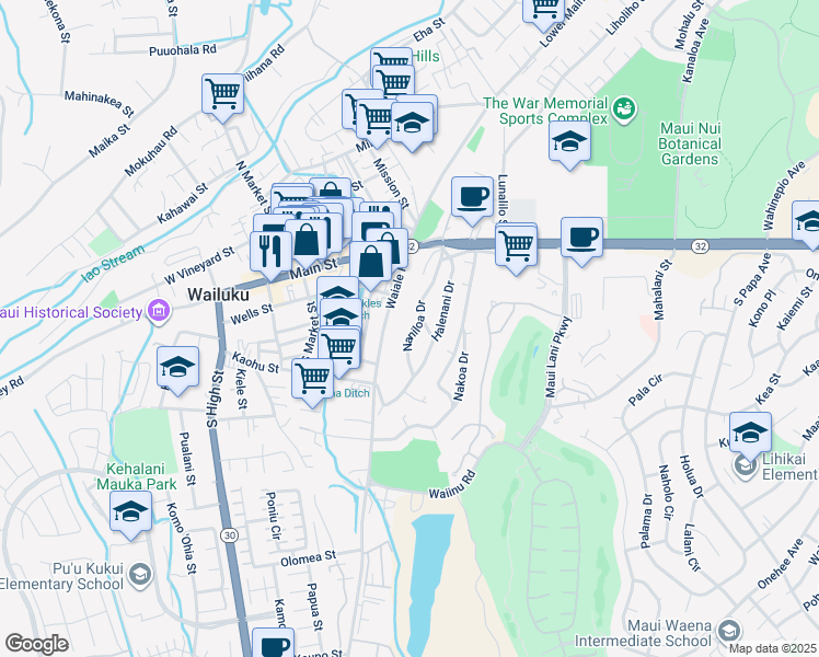 map of restaurants, bars, coffee shops, grocery stores, and more near 215A Naniloa Drive in Wailuku