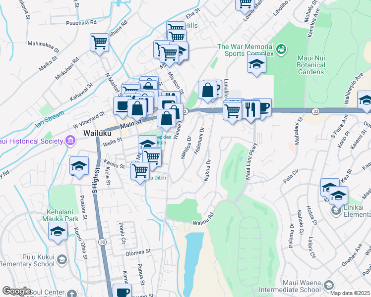 map of restaurants, bars, coffee shops, grocery stores, and more near 221 Naniloa Drive in Wailuku