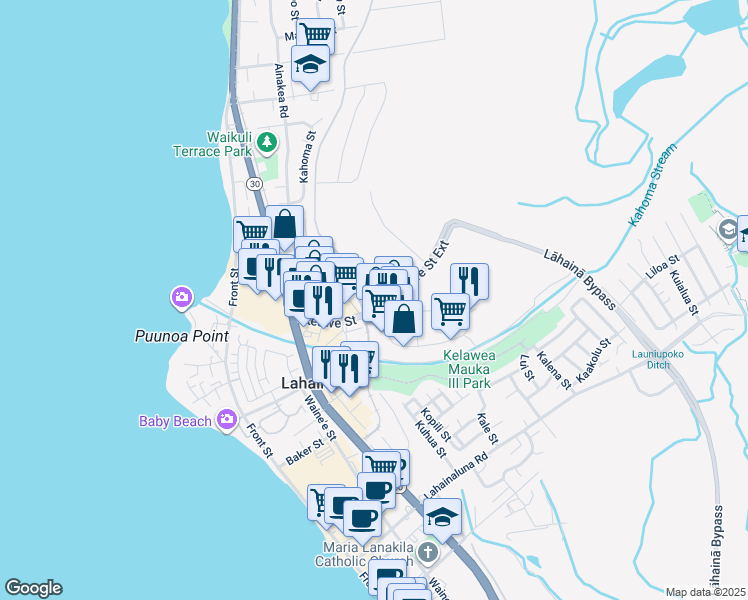 map of restaurants, bars, coffee shops, grocery stores, and more near 180 Ipukula Way in Lahaina