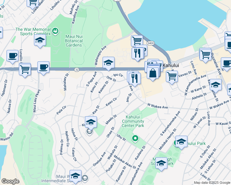 map of restaurants, bars, coffee shops, grocery stores, and more near 441 Kea Street in Kahului