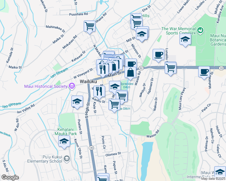 map of restaurants, bars, coffee shops, grocery stores, and more near 194 South Market Street in Wailuku