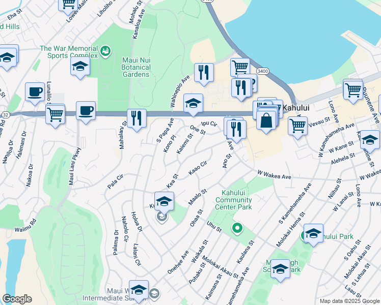 map of restaurants, bars, coffee shops, grocery stores, and more near 478 Kea Street in Kahului