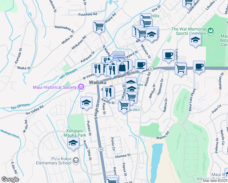 map of restaurants, bars, coffee shops, grocery stores, and more near 2086 Pakahi Street in Wailuku