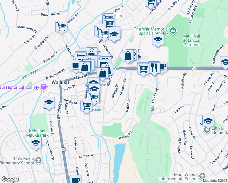 map of restaurants, bars, coffee shops, grocery stores, and more near 215A Naniloa Drive in Wailuku