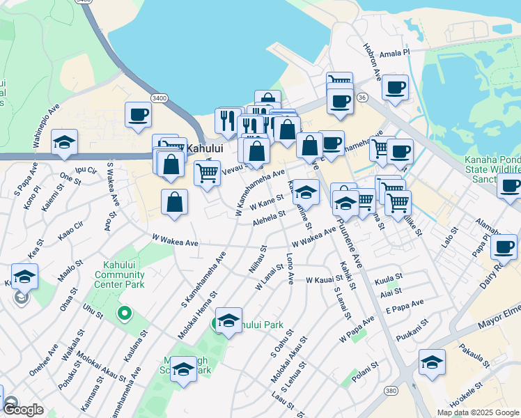 map of restaurants, bars, coffee shops, grocery stores, and more near 145 West Kane Street in Kahului