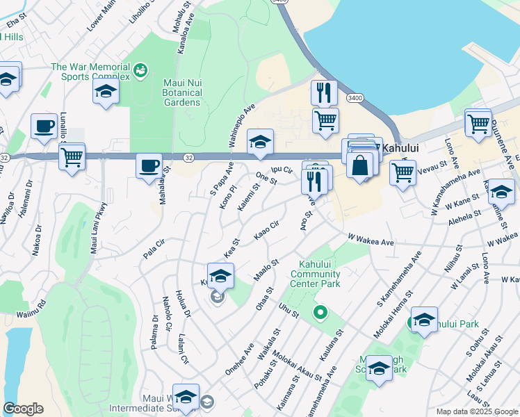 map of restaurants, bars, coffee shops, grocery stores, and more near 72 Nano Street in Kahului