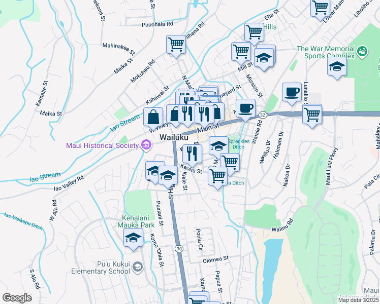 map of restaurants, bars, coffee shops, grocery stores, and more near in Wailuku