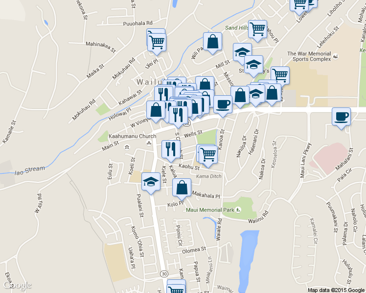 map of restaurants, bars, coffee shops, grocery stores, and more near 2080 Pakahi Street in Wailuku