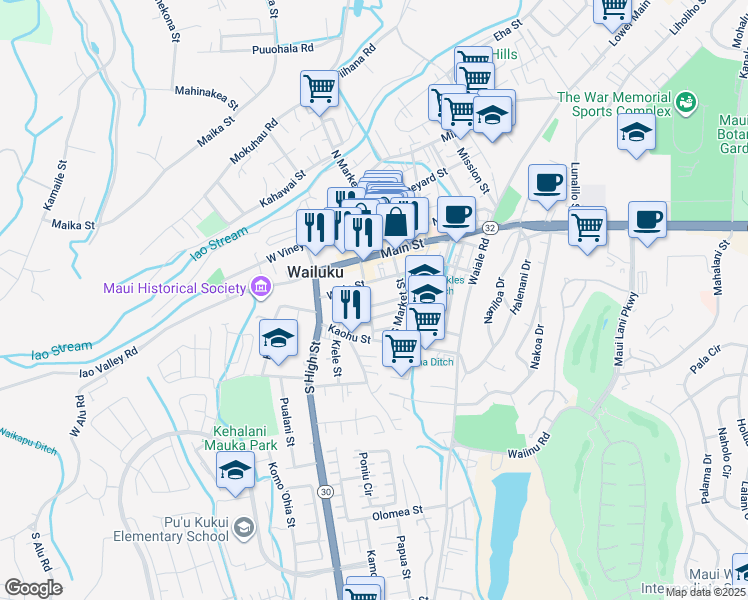 map of restaurants, bars, coffee shops, grocery stores, and more near 2080 Pakahi Street in Wailuku