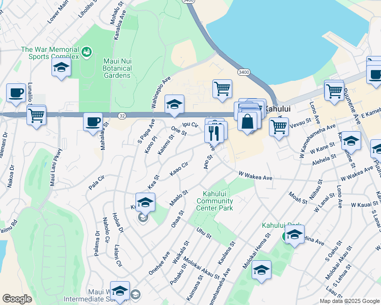 map of restaurants, bars, coffee shops, grocery stores, and more near 406 Kaao Circle in Kahului