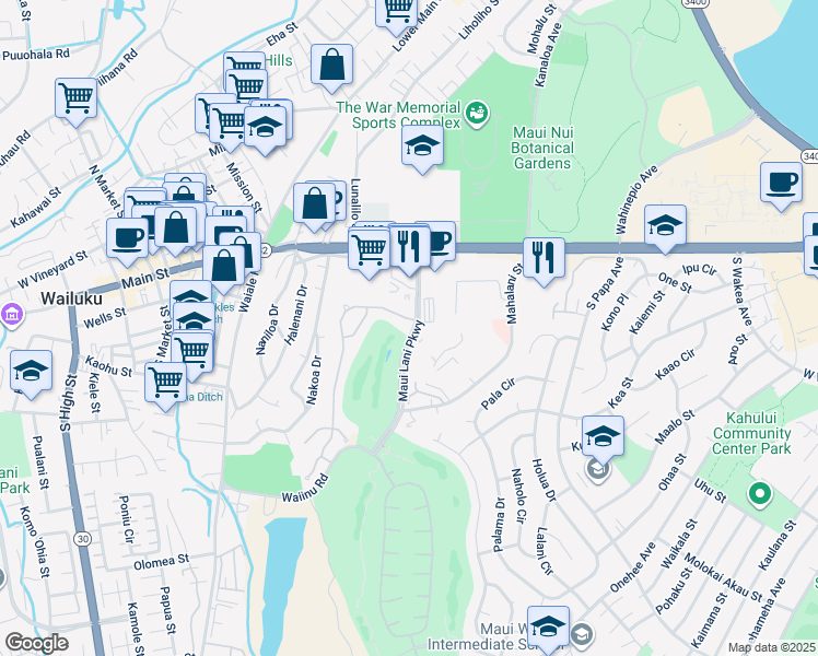 map of restaurants, bars, coffee shops, grocery stores, and more near 11 Keoneloa Street in Wailuku
