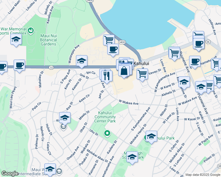 map of restaurants, bars, coffee shops, grocery stores, and more near 339 Ano Street in Kahului
